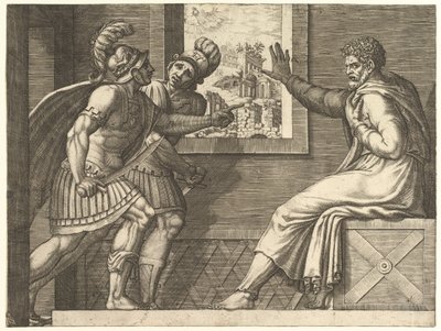 Caius Marius na prisão, dois soldados cimbrianos entrando em sua cela, 1560-69. de Giorgio Ghisi