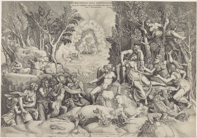 Cephalus en de Bosgoden beweenen de dood van Procris Prócrino do rei de Atenas / Filha e esposa de Céfalo, pelo mesmo marido sem saber (título no objeto) de Giorgio Ghisi