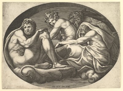Hércules, Baco, Pan e Saturno, de uma série de oito composições após Francesco P ..., 1560s. de Giorgio Ghisi