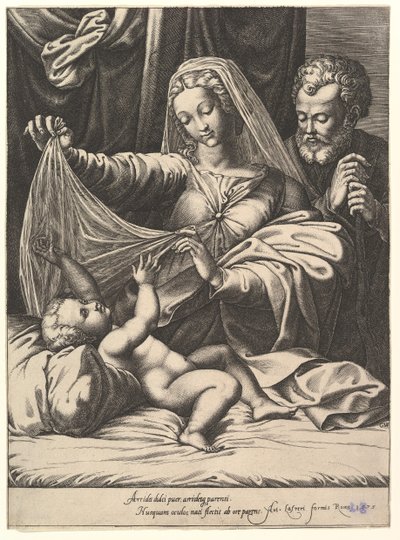 Madona de Loreto, a Virgem levanta um véu sobre a Criança, que se deita em uma cama e travesseiro ..., 1575. de Giorgio Ghisi
