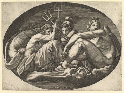 Plutão, Netuno, Minerva e Apolo, de uma série de oito composições após Francesco P..., década de 1560. de Giorgio Ghisi