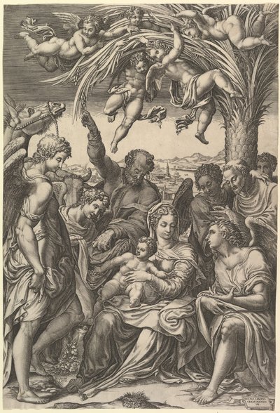 Descanse na fuga para o Egito, a Sagrada Família, debaixo de uma palmeira cercada por anjos, ponha ..., 1578. de Giorgio Ghisi