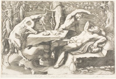 Sátiro tentando acordar Silenus com uma videira de Giorgio Ghisi