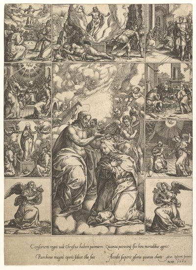 A coroação da Virgem, cercada por nove vinhetas com cenas da vida de ..., em 1575. de Giorgio Ghisi
