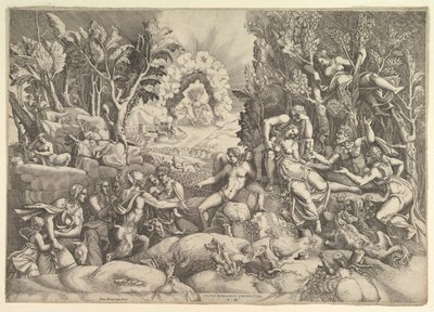 A morte de Procris, Cephalus lamentou a morte de Procris à direita, cercada por ..., ca. 1540 de Giorgio Ghisi