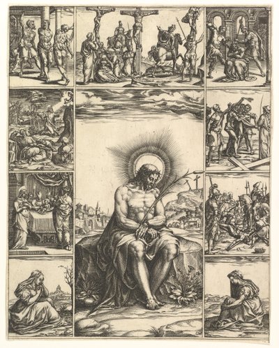 O Homem das Dores, uma imagem de Cristo cercada por nove vinhetas representando cenas de ..., em 1575. de Giorgio Ghisi