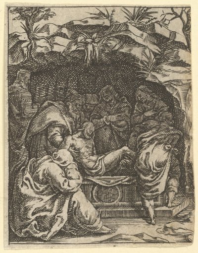 A Virgem das Dores: O Enterro, um dos nove compartimentos circundantes da Vi ..., em 1575. de Giorgio Ghisi