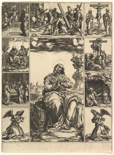 A Virgem das Dores, uma imagem da Virgem Maria cercada por nove vinhetas retrata ..., ca. 1575 de Giorgio Ghisi