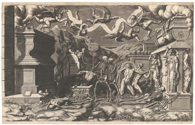 A Visão de Ezequiel, um grupo de cadáveres e esqueletos emergindo dos túmulos, acima deles ..., 1554. de Giorgio Ghisi