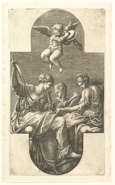 Três musas e um Putto com pratos, uma composição cruciforme, de uma série de oito com ..., 1560s. de Giorgio Ghisi