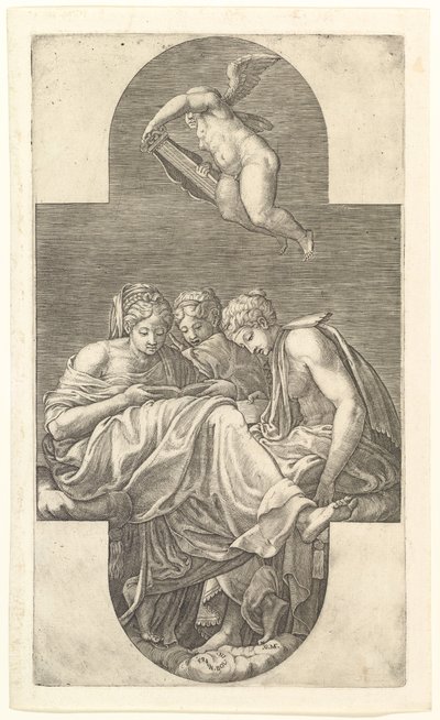 Três musas e um Putto com uma lira, uma composição cruciforme, de uma série de oito comp ..., 1560s. de Giorgio Ghisi