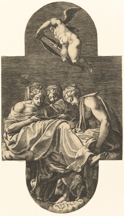 Três musas e um putto acima com uma lira, de uma série de oito composições após Fran ..., 1560s. de Giorgio Ghisi