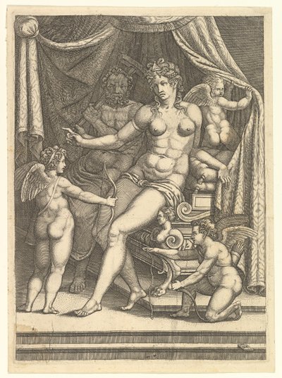 Vênus e Vulcano sentados em uma cama e três Putti, meados dos anos 1550. de Giorgio Ghisi