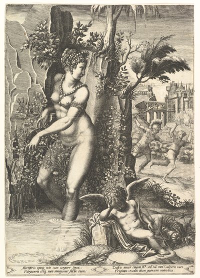 Vênus picado pelos espinhos em uma roseira, no fundo Marte perseguindo Adonis, em ..., 1556. de Giorgio Ghisi