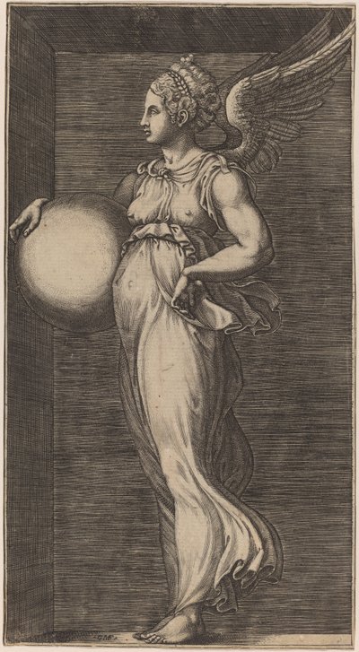 Figura alegórica segurando uma esfera de Giorgio Ghisi possibly after Giulio Romano