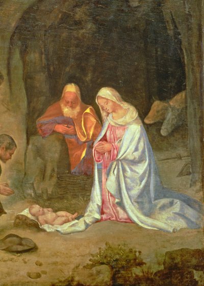 Adoração dos Pastores, detalhe da Sagrada Família, c.1510 (painel) (detalhe de 68685) de Giorgio Giorgione