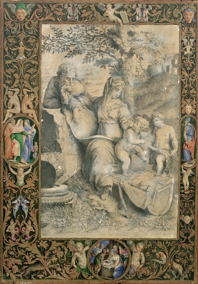 Fronteira de um Manuscrito Iluminado Em torno de um desenho depois da Família Sagrada de Rafael sob o Carvalho (atribuído a Clovio), de Giorgio Giulio Clovio
