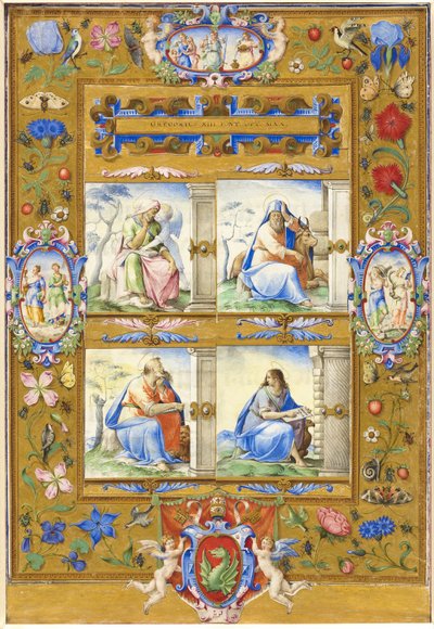 Os quatro evangelistas, dentro de uma fronteira de flores, pássaros e insetos de Giorgio Giulio Clovio