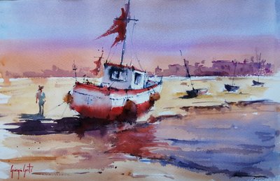 Barco encalhado ao pôr-do-sol de Giorgio Gosti