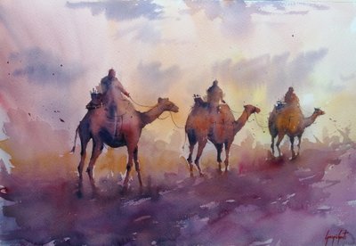 Pôr-do-sol com caravana de camelos de Giorgio Gosti