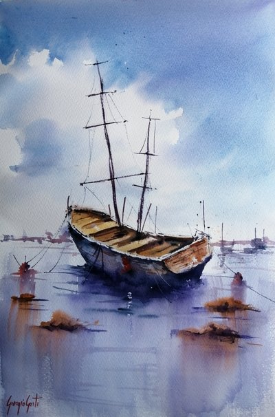 Barco antigo em águas calmas de Giorgio Gosti