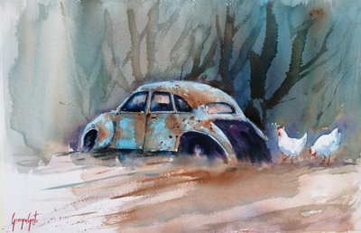 Carro rústico e galinhas de Giorgio Gosti