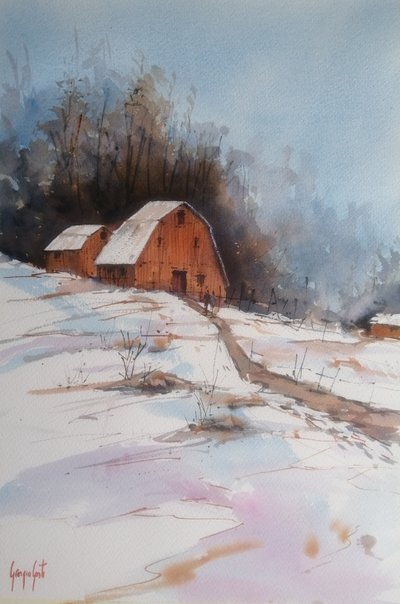 Celeiro no campo coberto de neve de Giorgio Gosti