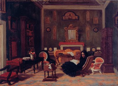Elizabeth Barret Browning no interior da sua sala de estar na casa Guidi em Florença, c.1880 (óleo sobre tela) de Giorgio Mignaty