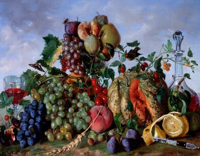 Natureza morta dos frutos do mês de Agosto, pêssegos, melão, uvas, ameixas de Damasco, peras (frutos de Agosto, pêssegos, melão, peras, uvas e damascos) Pintura de Giorgio Rovea (ca. 1815-1892) 1862 Dim 53x67 cm Genes, Galleria d