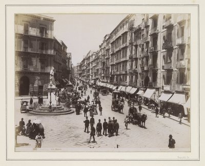 Vista da Via Roma em Nápoles com uma estátua, lojas, carruagens puxadas por cavalos e transeuntes de Giorgio Sommer