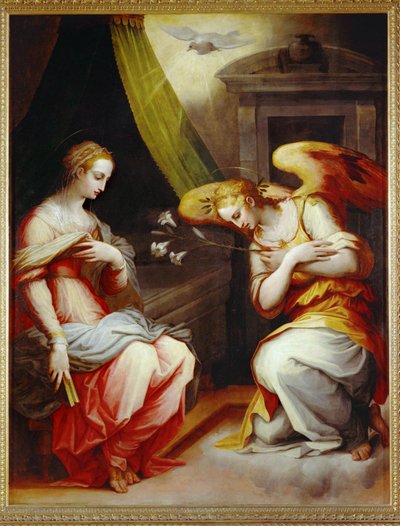 Anunciação. Painel central de um tríptico. Pintado para o altar-mor de Santa Maria Novella em Arezzo ... de Giorgio Vasari