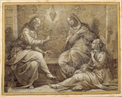 Cristo na Casa de Martha e Maria (caneta e tinta com lavagem e guache, sobre giz, sobre papel) de Giorgio Vasari