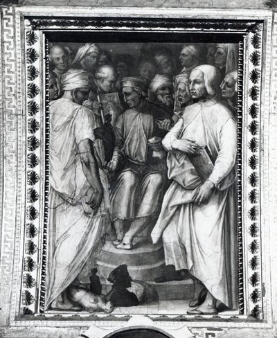 Cosimo de Medici sentado entre filósofos e artistas na Sala di Cosimo il Vecchio de Giorgio Vasari