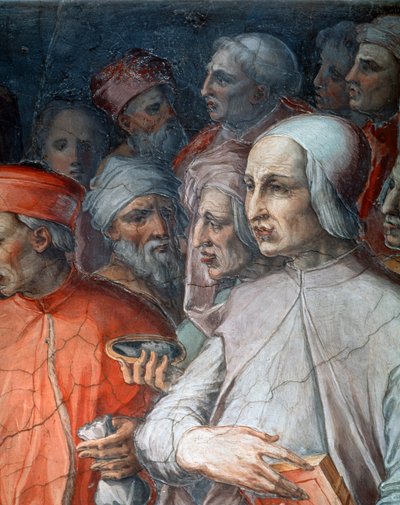 Marsilio Ficino flanqueado por Paolo del Pozzo Toscanelli, detalhe de Cosimo o Ancião entre filósofos e artistas de Giorgio Vasari