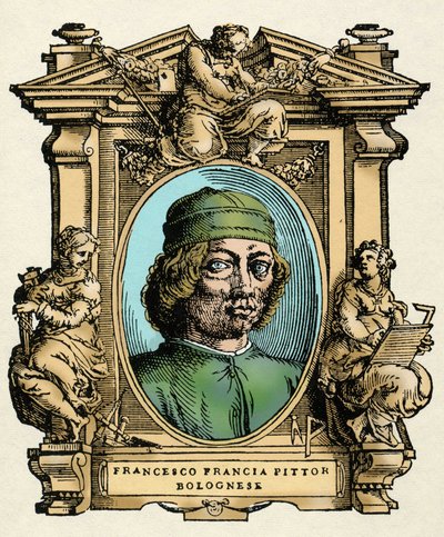Retrato de Francesco FRANCIA (1450- 1517) pintor italiano. Gravura do tratado "" Vive dos mais excelentes pintores, escultores e arquitectos "" (Le Vite de