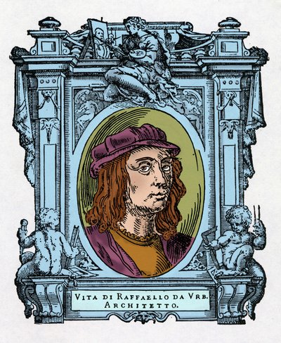 Retrato de Rafael (Raffaello Sanzio 1483 - 1520) Arquiteto e pintor italiano. Gravura do deleite "" Vive dos mais excelentes pintores, escultores e arquitetos "" (Le Vite de