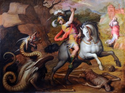 São Jorge e o Dragão - Pintura de Giorgio Vasari (1511-1574), óleo sobre tela, cerca de 1560 - arte italiana de Giorgio Vasari