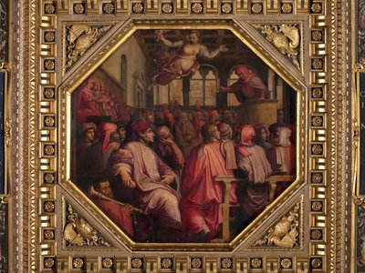 Discurso de Antonio Giacomini a favor da guerra contra Pisa na Sala dei Duecento de Giorgio Vasari