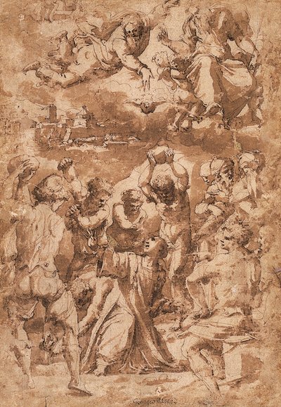 A lapidação de Santo Estêvão, com a Trindade acima de Giorgio Vasari