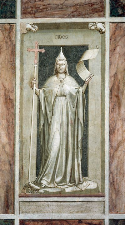 Fé, figura feminina segurando a Cruz e um pergaminho com o símbolo da Verdade Revelada, enquanto destrói um ídolo e está sobre os símbolos da Cabala, de Giotto, ciclo de afrescos Os vícios e as virtudes, após restauração, Capela Scrovegni, Pádua, Vêneto, I de Giotto (c.1266 1337)