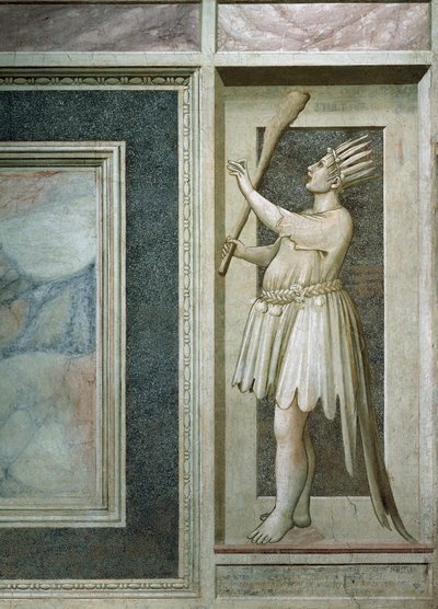 Loucura, figura masculina com boca fechada por um cadeado, taco na mão direita, cabeça coberta de penas e cauda de pavão, de Giotto, detalhe do ciclo de afrescos Os vícios e as virtudes, após restauração em 2002, Capela Scrovegni, Pádua, Vêneto, Itália. de Giotto (c.1266 1337)