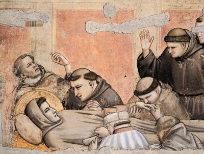 Itália, Florença, Basílica de Santa Cruz, Capela Bardi, Morte de São Francisco por Giotto (1267-1337), fresco, Detalhe de Giotto (c.1266 1337)