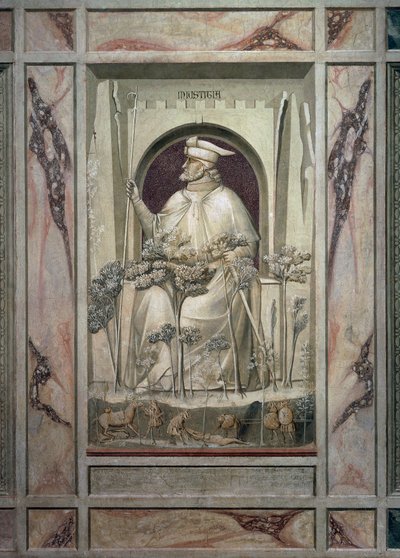 A Injustiça, um velho segurando uma espada em suas mãos enquanto diante dele as árvores do mal crescem, por Giotto, detalhe do ciclo de afrescos Os vícios e as virtudes, após a restauração em 2002, Scrovegni Chapel, Pádua, Vêneto, Itália. de Giotto (c.1266 1337)
