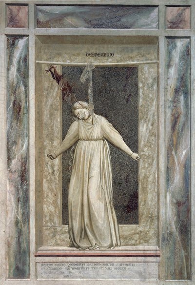 Desespero, figura feminina pendurada e diabo que a agarra pelos cabelos, de Giotto (1267-1337), detalhe do ciclo de afrescos Os vícios e as virtudes de Giotto (c.1266 1337)