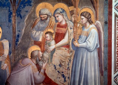 A adoração dos Magos. Detalhe mostrando o mago prostrado diante de Jesus nos braços de Maria entre o Anjo e São José (Fresco de Giotto (c.1266 1337)