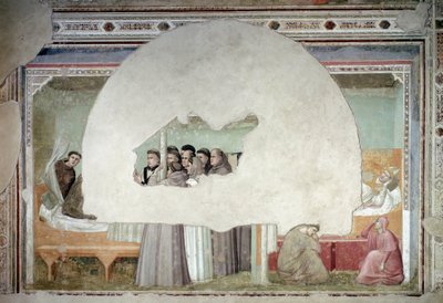 Visões da ascensão de São Francisco de Assis: o frade Agostinho levantando-se de sua cama enquanto o bispo ainda está deitado no quarto próximo, ajudado por dois servos aos pés da cama - fresco, c. 1325. de Giotto (c.1266 1337)