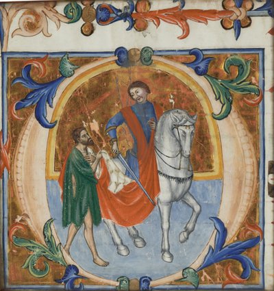 Uma miniatura iluminada de São Martinho dividindo seu manto (de um grande livro coral) de Giotto di Bondone (school of)