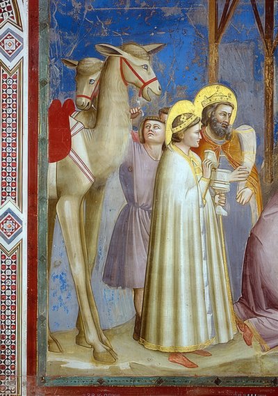 A adoração dos reis. Detalhe: dois camelos e os reis com seus presentes. 1305 de Giotto di Bondone