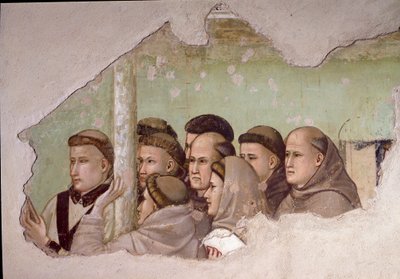 Episódio da vida de São Francisco de Assis: “” São Francisco aparece a Frei Agostino e a uma véspera ”” Detalhe representando um grupo de monges franciscanos. Fresco de Giotto da Bondone de Giotto di Bondone
