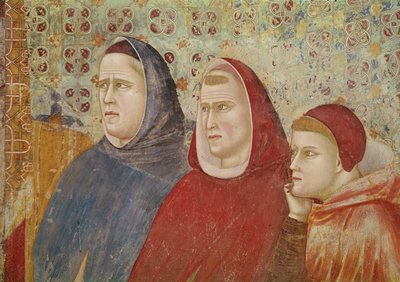 São Francisco Pregando um Sermão ao Papa Honório III, detalhe de três prelados do lado direito, c.1297-99 de Giotto di Bondone